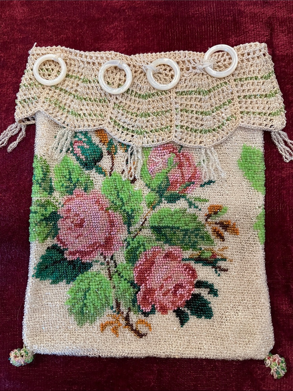 Vintage Micro Glass Beaded Drawstring Purse - circa 1905-1918/Germany